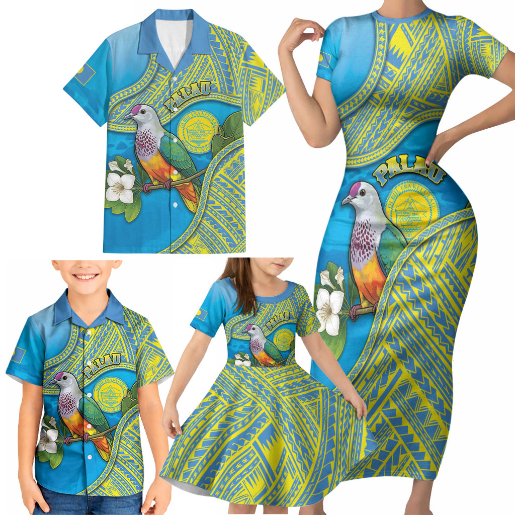 Personalised Palau Biib Bird Family Matching Short Sleeve Bodycon Dress and Hawaiian Shirt Rur Flower And Rock Islands Patterns DT05 - Polynesian Pride
