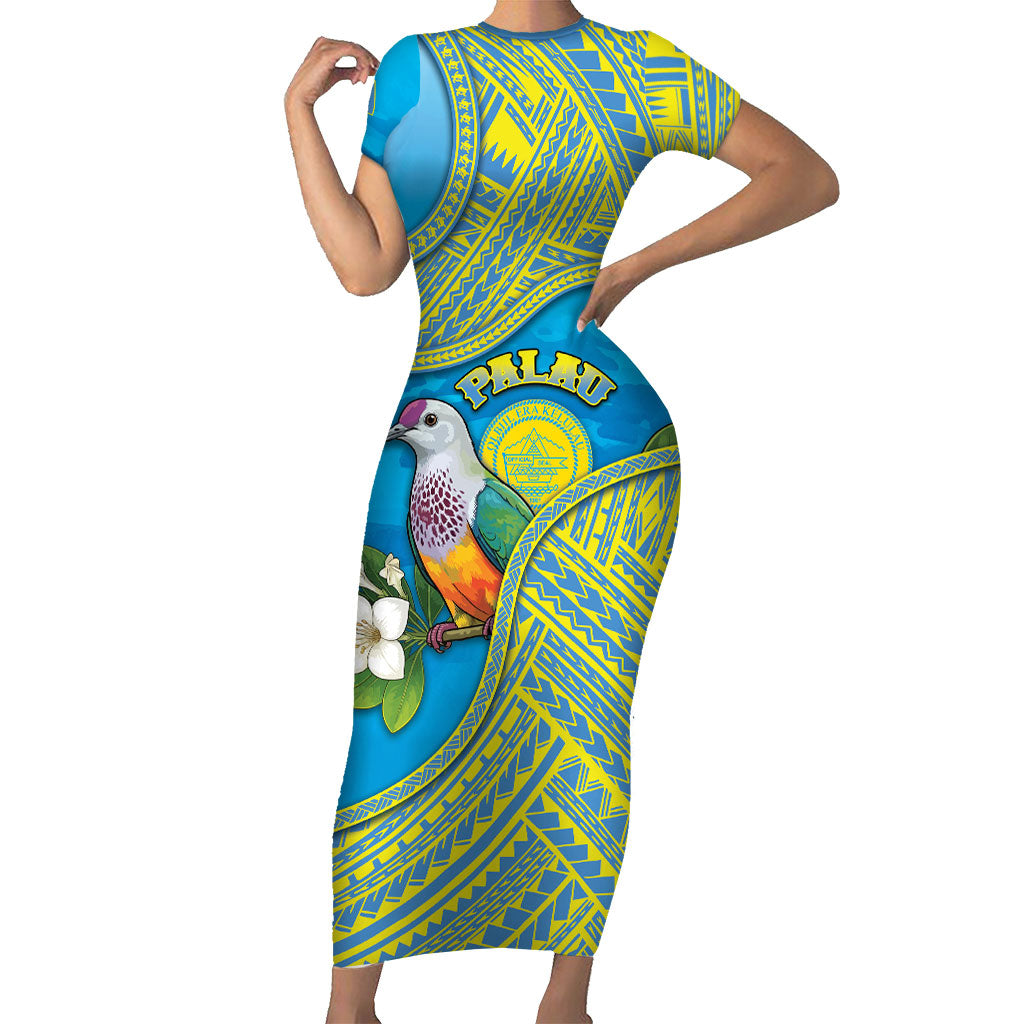 Personalised Palau Biib Bird Family Matching Short Sleeve Bodycon Dress and Hawaiian Shirt Rur Flower And Rock Islands Patterns DT05 Mom's Dress Blue - Polynesian Pride