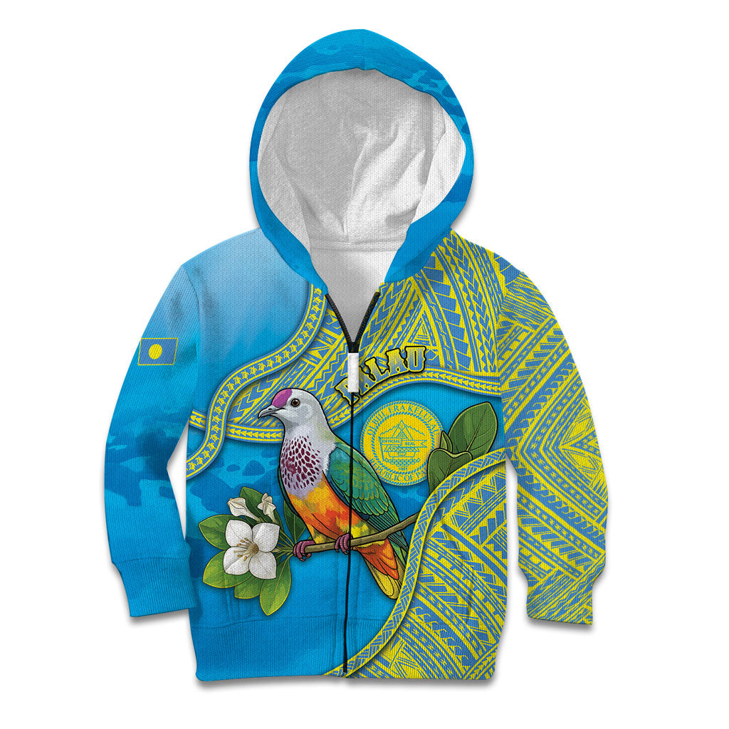 Personalised Palau Biib Bird Kid Hoodie Rur Flower And Rock Islands Patterns DT05 Zip Hoodie Blue - Polynesian Pride