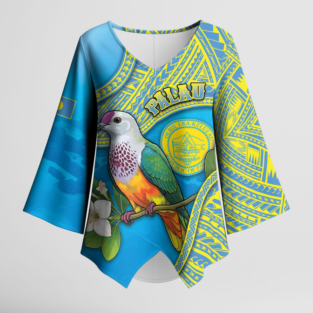 Personalised Palau Biib Bird Kimono Sleeve Blouse Rur Flower And Rock Islands Patterns DT05 Female Blue - Polynesian Pride