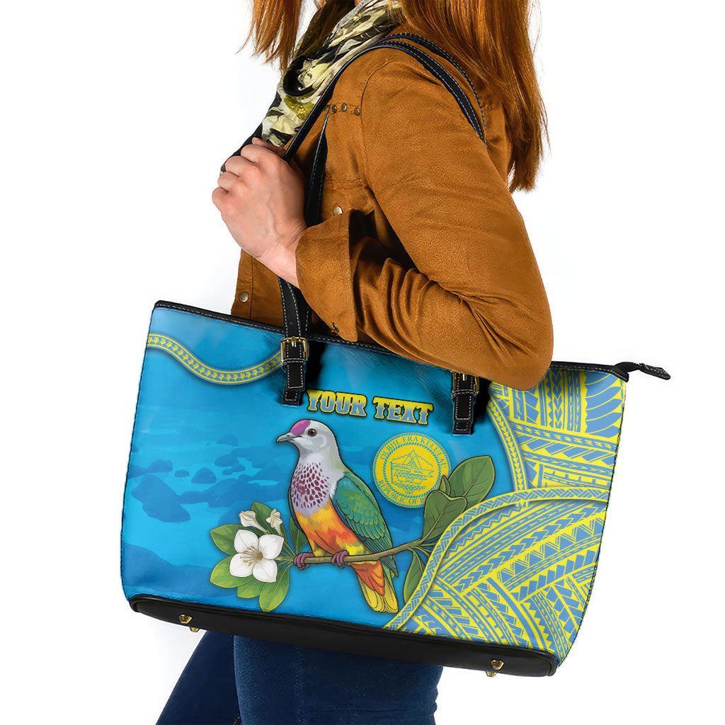 Personalised Palau Biib Bird Leather Tote Bag Rur Flower And Rock Islands Patterns DT05 Blue - Polynesian Pride