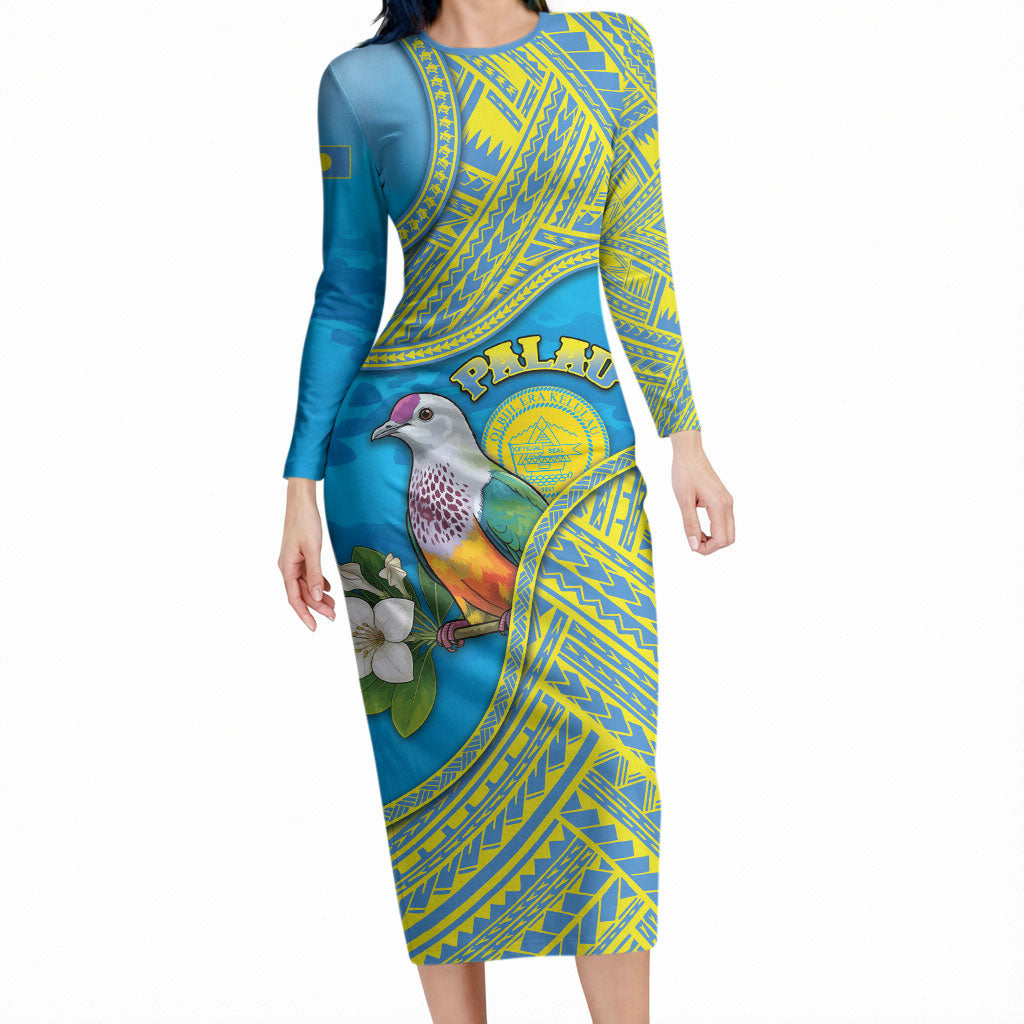 Personalised Palau Biib Bird Long Sleeve Bodycon Dress Rur Flower And Rock Islands Patterns DT05 Long Dress Blue - Polynesian Pride