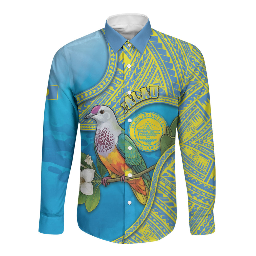 Personalised Palau Biib Bird Long Sleeve Button Shirt Rur Flower And Rock Islands Patterns DT05 Unisex Blue - Polynesian Pride