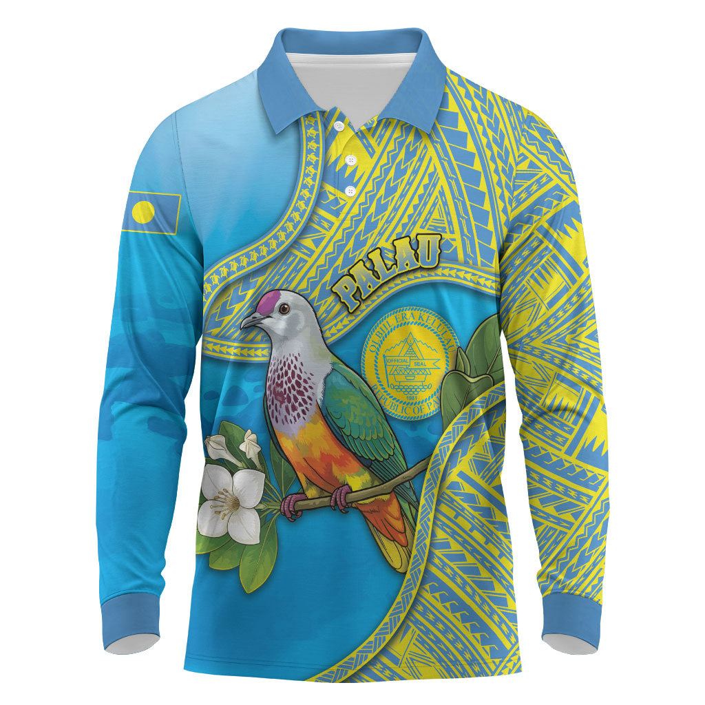 Personalised Palau Biib Bird Long Sleeve Polo Shirt Rur Flower And Rock Islands Patterns DT05 Blue - Polynesian Pride