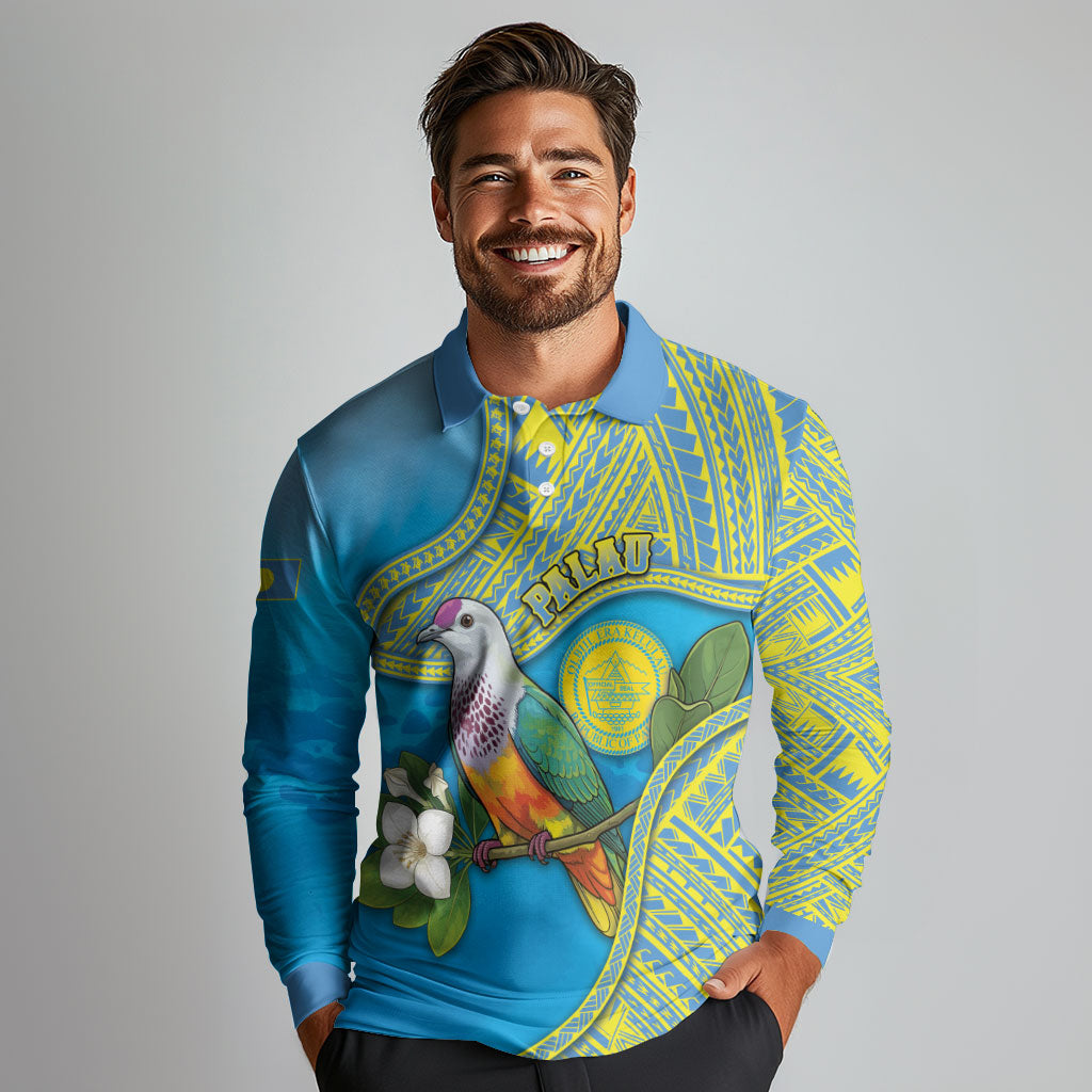 Personalised Palau Biib Bird Long Sleeve Polo Shirt Rur Flower And Rock Islands Patterns DT05 - Polynesian Pride