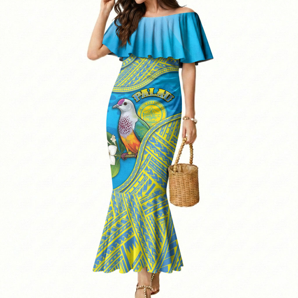 Personalised Palau Biib Bird Mermaid Dress Rur Flower And Rock Islands Patterns DT05 Women Blue - Polynesian Pride