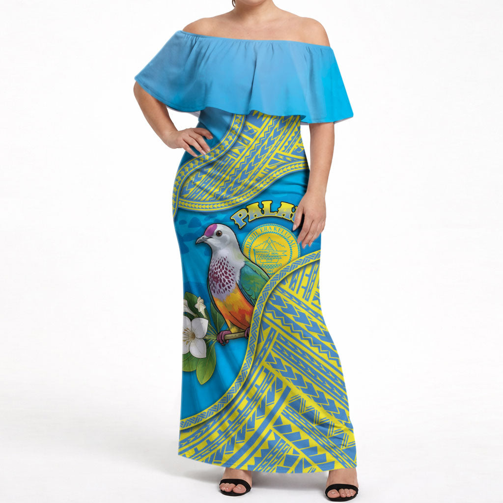 Personalised Palau Biib Bird Off Shoulder Maxi Dress Rur Flower And Rock Islands Patterns DT05 Women Blue - Polynesian Pride