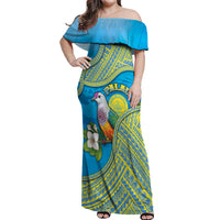 Personalised Palau Biib Bird Off Shoulder Maxi Dress Rur Flower And Rock Islands Patterns DT05 Women Blue - Polynesian Pride