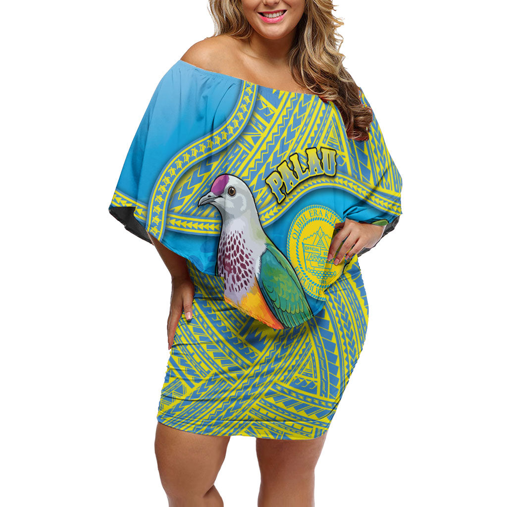 Personalised Palau Biib Bird Off Shoulder Short Dress Rur Flower And Rock Islands Patterns DT05 Women Blue - Polynesian Pride