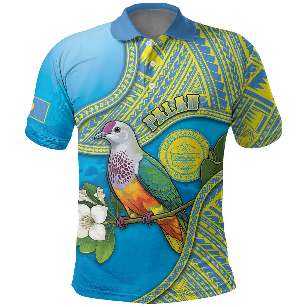 Personalised Palau Biib Bird Polo Shirt Rur Flower And Rock Islands Patterns DT05 Blue - Polynesian Pride