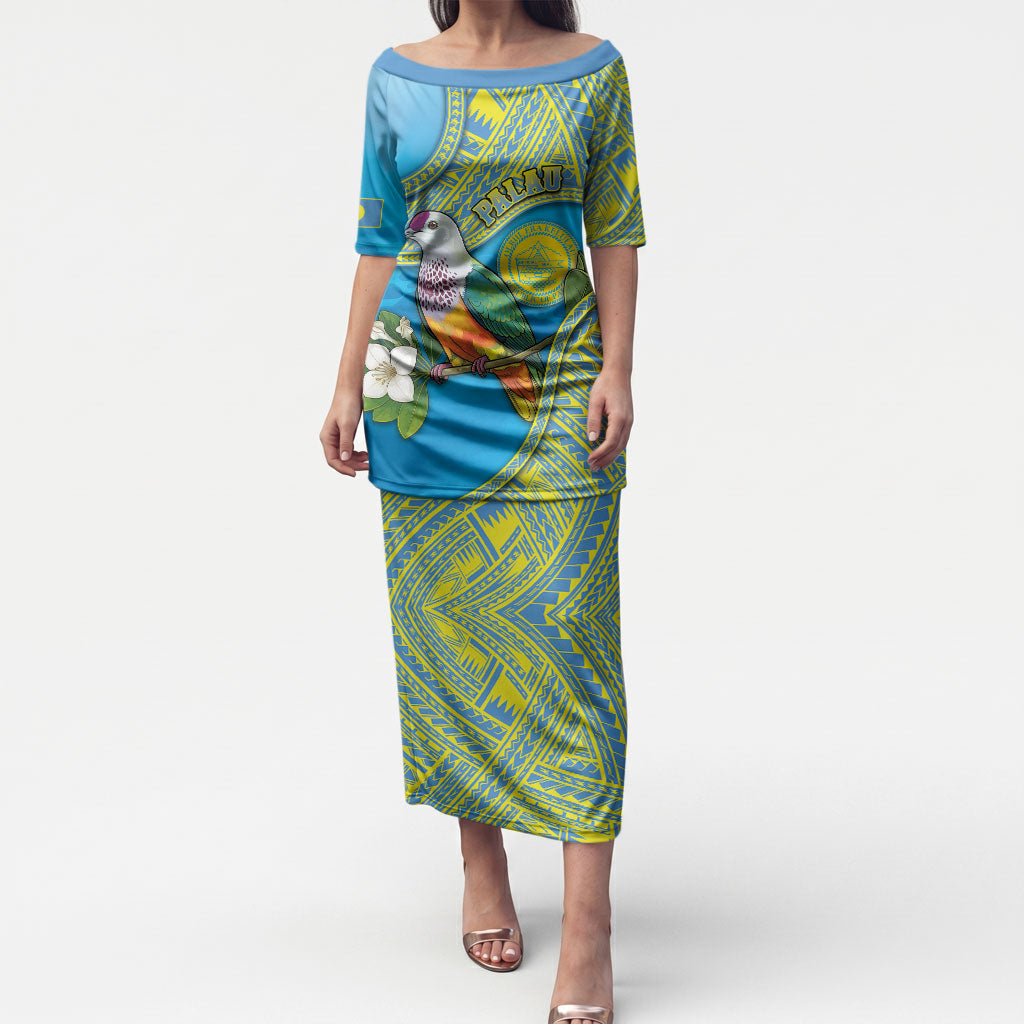 Personalised Palau Biib Bird Puletasi Rur Flower And Rock Islands Patterns DT05 Long Dress Blue - Polynesian Pride