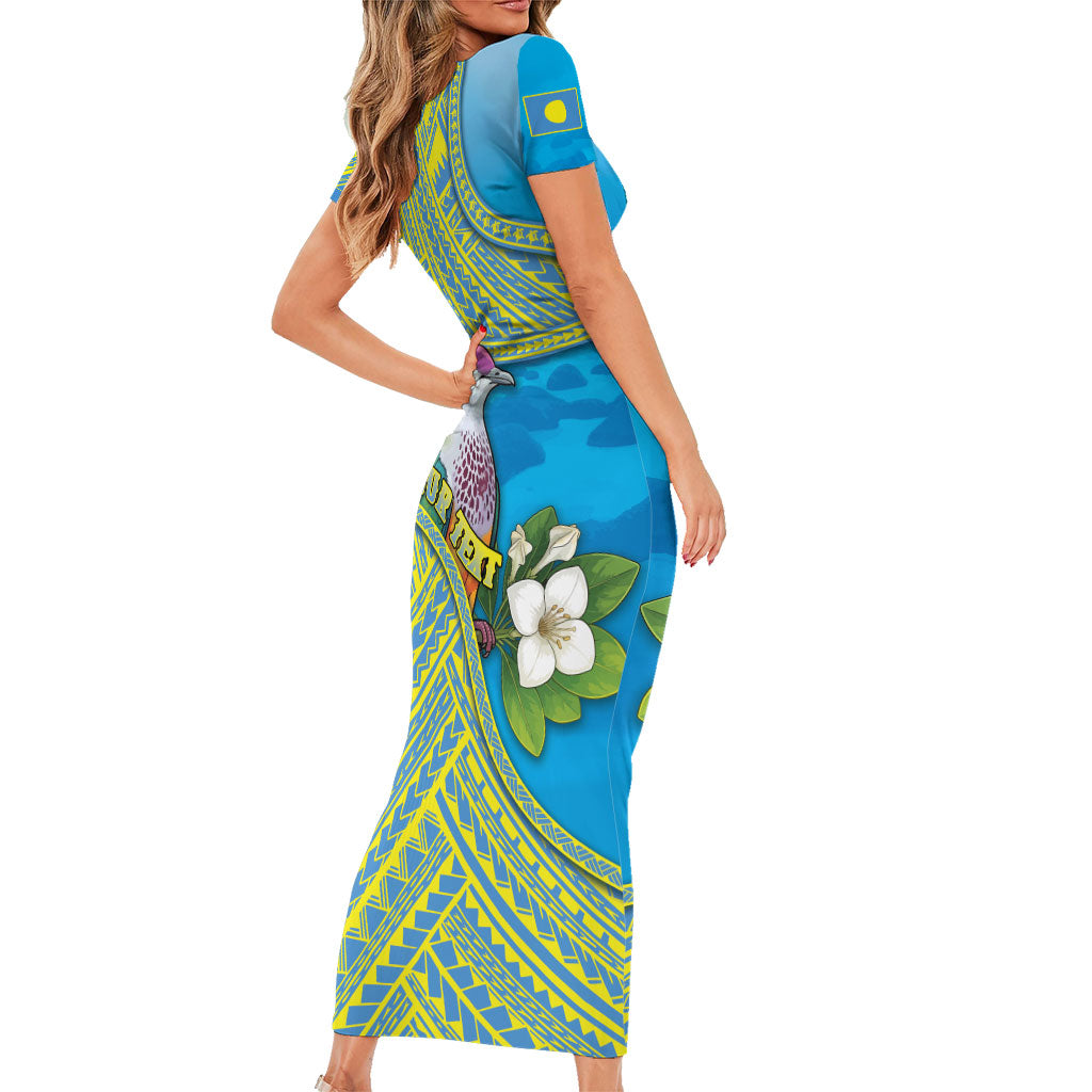 Personalised Palau Biib Bird Short Sleeve Bodycon Dress Rur Flower And Rock Islands Patterns DT05 - Polynesian Pride