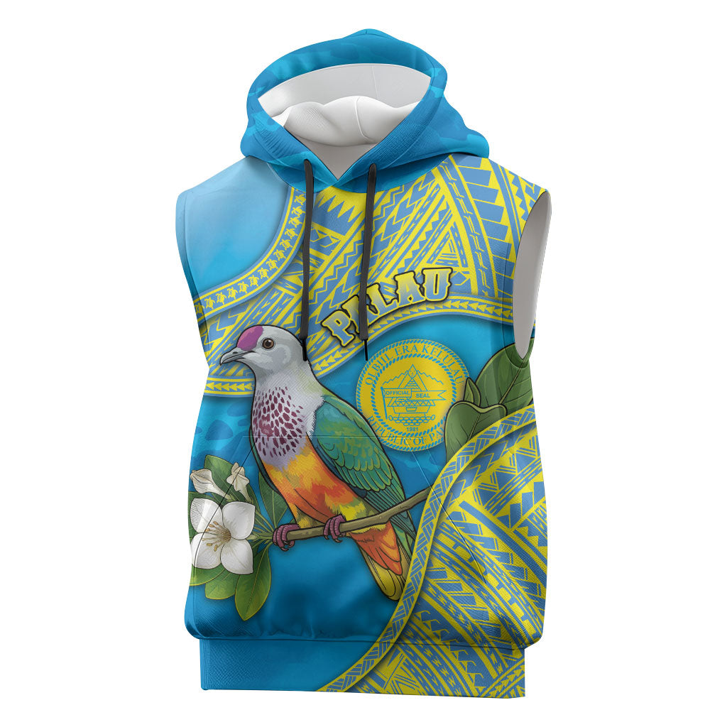 Personalised Palau Biib Bird Sleeveless Hoodie Rur Flower And Rock Islands Patterns DT05 Blue - Polynesian Pride