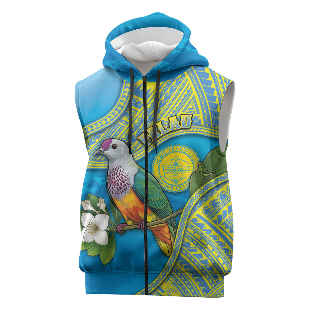 Personalised Palau Biib Bird Sleeveless Zip Hoodie Rur Flower And Rock Islands Patterns DT05 Blue - Polynesian Pride