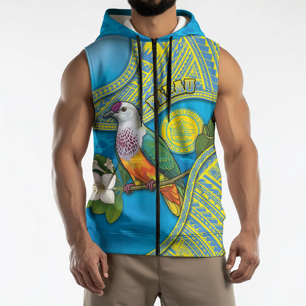 Personalised Palau Biib Bird Sleeveless Zip Hoodie Rur Flower And Rock Islands Patterns DT05 - Polynesian Pride