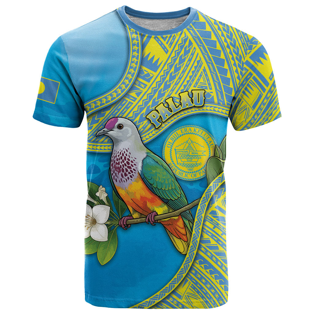 Personalised Palau Biib Bird T Shirt Rur Flower And Rock Islands Patterns DT05 Blue - Polynesian Pride