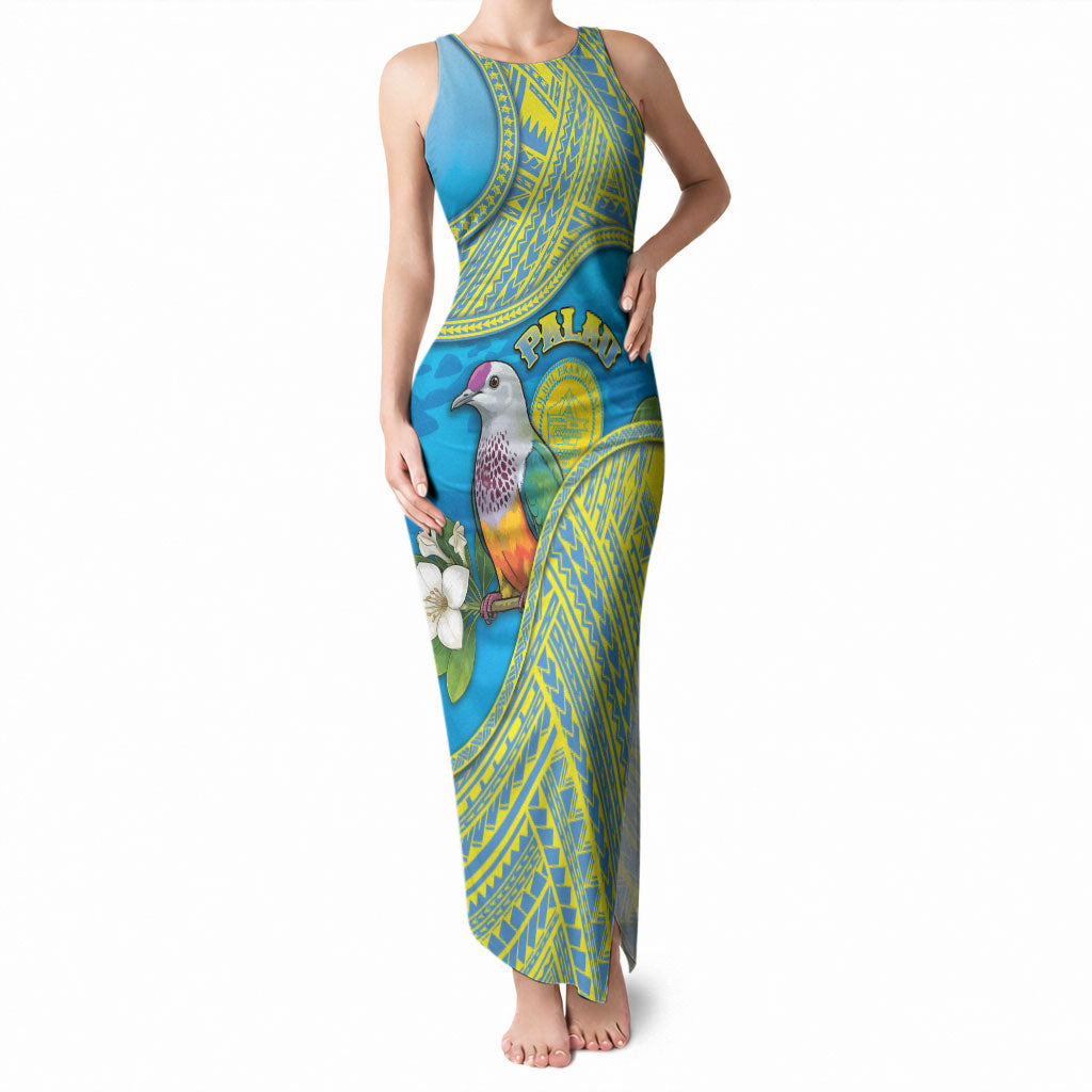 Personalised Palau Biib Bird Tank Maxi Dress Rur Flower And Rock Islands Patterns DT05 Women Blue - Polynesian Pride