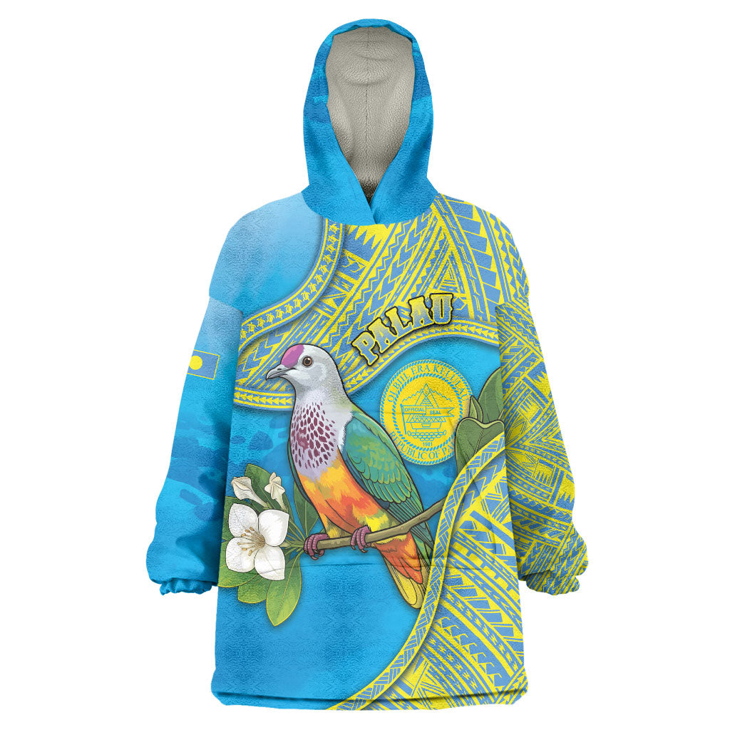Personalised Palau Biib Bird Wearable Blanket Hoodie Rur Flower And Rock Islands Patterns DT05 One Size Blue - Polynesian Pride