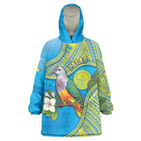 Personalised Palau Biib Bird Wearable Blanket Hoodie Rur Flower And Rock Islands Patterns DT05 One Size Blue - Polynesian Pride