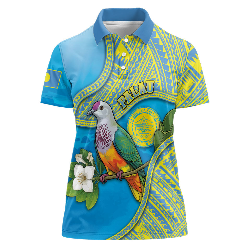 Personalised Palau Biib Bird Women Polo Shirt Rur Flower And Rock Islands Patterns DT05 Female Blue - Polynesian Pride