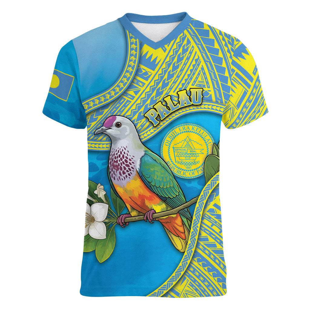 Personalised Palau Biib Bird Women V-Neck T-Shirt Rur Flower And Rock Islands Patterns DT05 Female Blue - Polynesian Pride