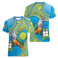 Personalised Palau Biib Bird Women V-Neck T-Shirt Rur Flower And Rock Islands Patterns DT05 - Polynesian Pride