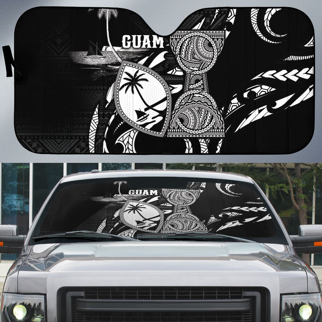 Guam Liberation Day Auto Sun Shade Black White Latte Stone Tribal Patterns DT05 Black - Polynesian Pride