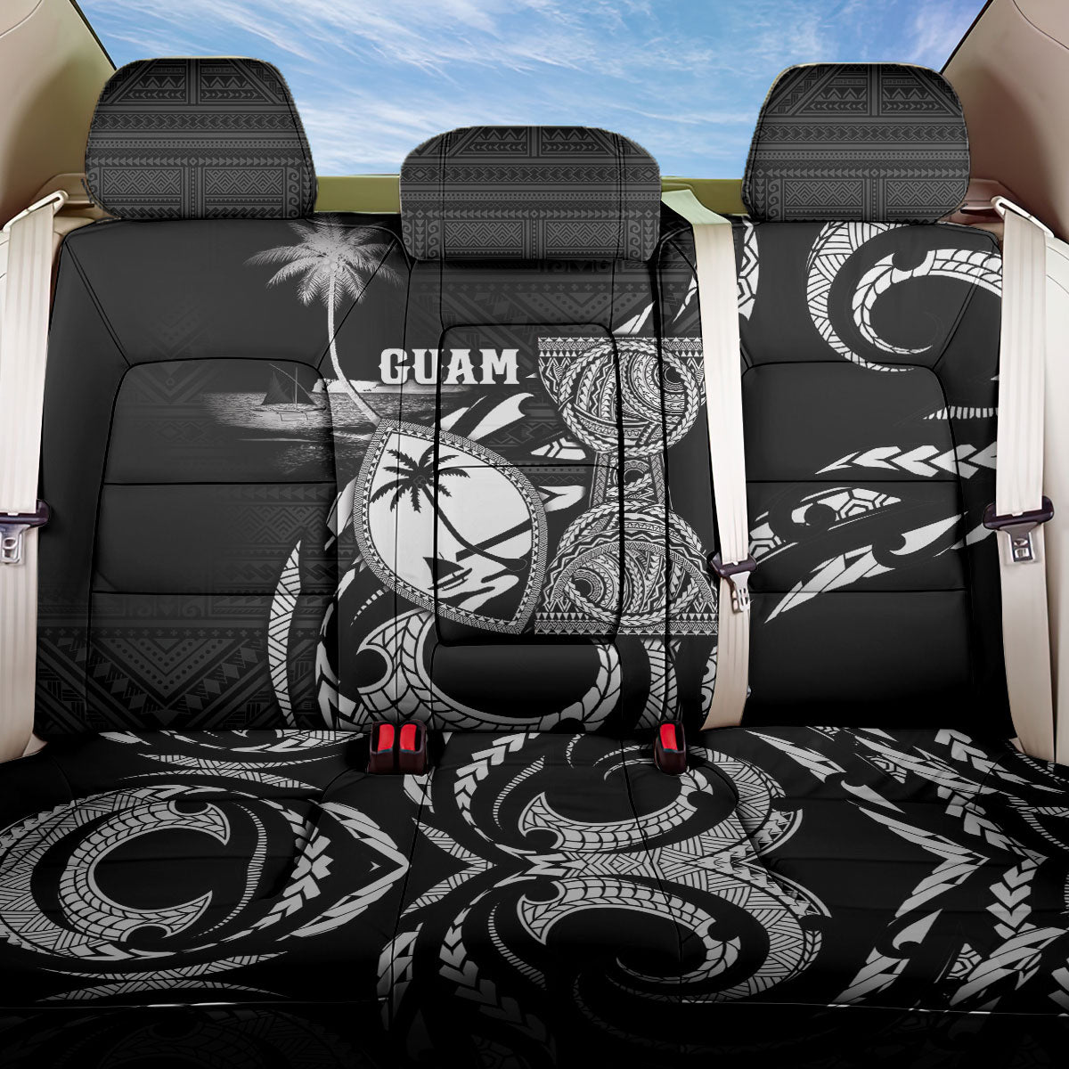 Guam Liberation Day Back Car Seat Cover Black White Latte Stone Tribal Patterns DT05 One Size Black - Polynesian Pride