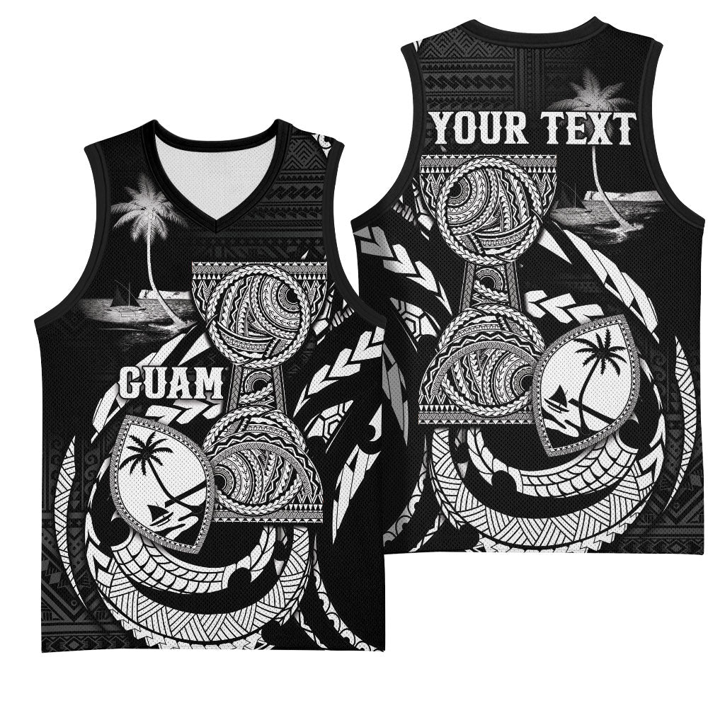 Personalised Guam Liberation Day Basketball Jersey Black White Latte Stone Tribal Patterns