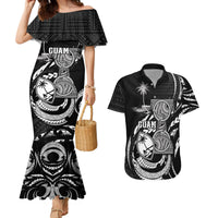Personalised Guam Liberation Day Couples Matching Mermaid Dress and Hawaiian Shirt Black White Latte Stone Tribal Patterns DT05 Black - Polynesian Pride