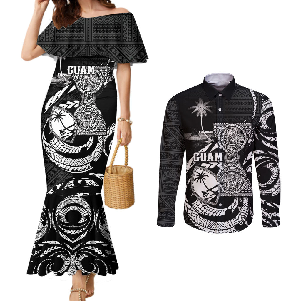 Personalised Guam Liberation Day Couples Matching Mermaid Dress and Long Sleeve Button Shirt Black White Latte Stone Tribal Patterns DT05 Black - Polynesian Pride