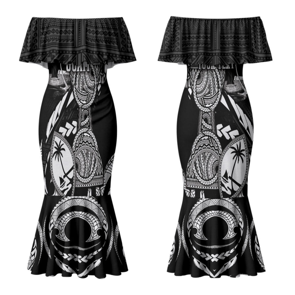 Personalised Guam Liberation Day Couples Matching Mermaid Dress and Long Sleeve Button Shirt Black White Latte Stone Tribal Patterns DT05 - Polynesian Pride