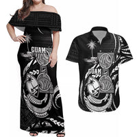 Personalised Guam Liberation Day Couples Matching Off Shoulder Maxi Dress and Hawaiian Shirt Black White Latte Stone Tribal Patterns DT05 Black - Polynesian Pride