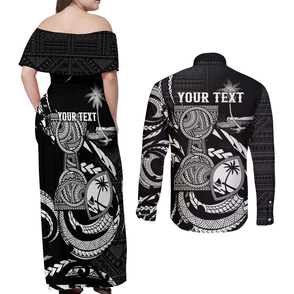 Personalised Guam Liberation Day Couples Matching Off Shoulder Maxi Dress and Long Sleeve Button Shirt Black White Latte Stone Tribal Patterns DT05 - Polynesian Pride