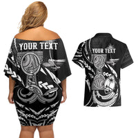Personalised Guam Liberation Day Couples Matching Off Shoulder Short Dress and Hawaiian Shirt Black White Latte Stone Tribal Patterns DT05 - Polynesian Pride