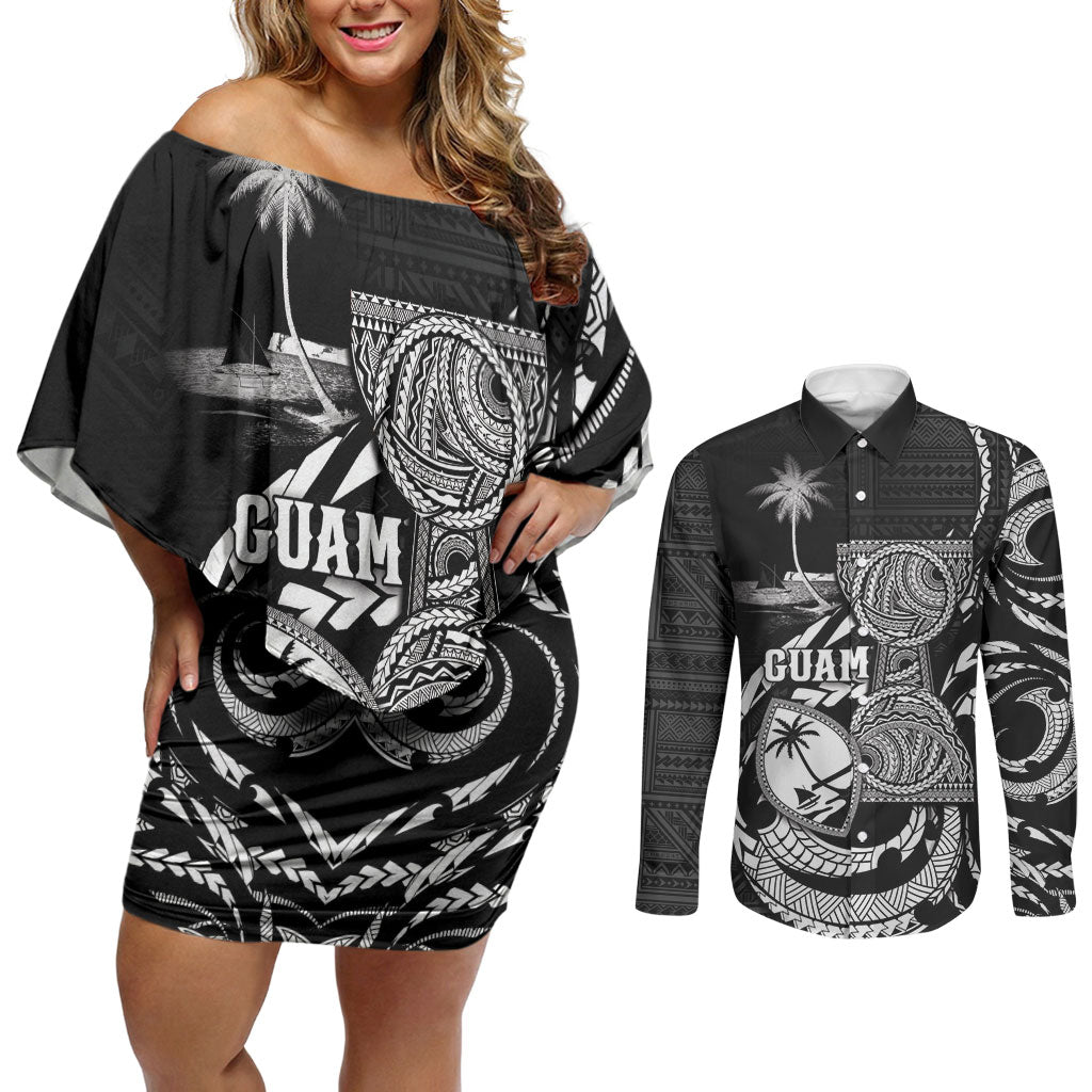 Personalised Guam Liberation Day Couples Matching Off Shoulder Short Dress and Long Sleeve Button Shirt Black White Latte Stone Tribal Patterns DT05 Black - Polynesian Pride