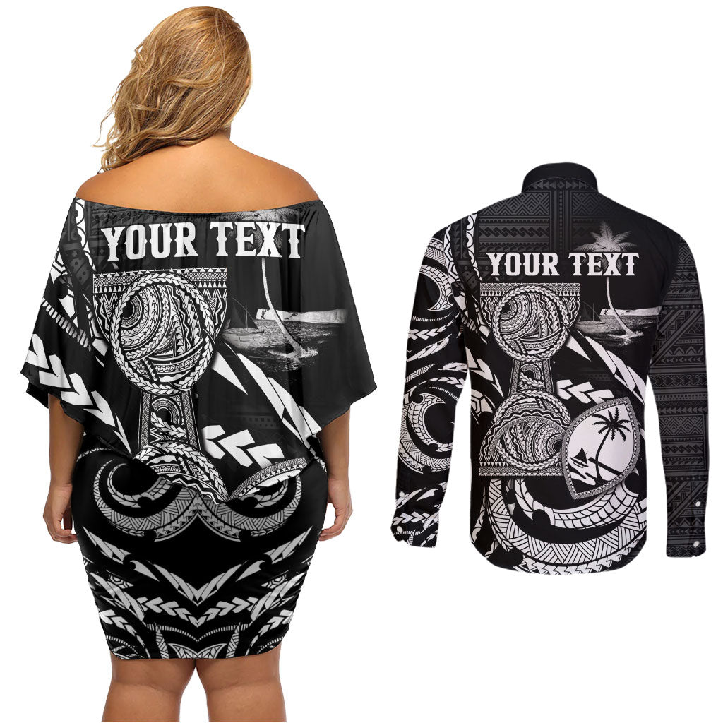 Personalised Guam Liberation Day Couples Matching Off Shoulder Short Dress and Long Sleeve Button Shirt Black White Latte Stone Tribal Patterns DT05 - Polynesian Pride