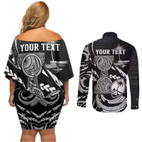 Personalised Guam Liberation Day Couples Matching Off Shoulder Short Dress and Long Sleeve Button Shirt Black White Latte Stone Tribal Patterns DT05 - Polynesian Pride