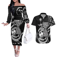 Personalised Guam Liberation Day Couples Matching Off The Shoulder Long Sleeve Dress and Hawaiian Shirt Black White Latte Stone Tribal Patterns