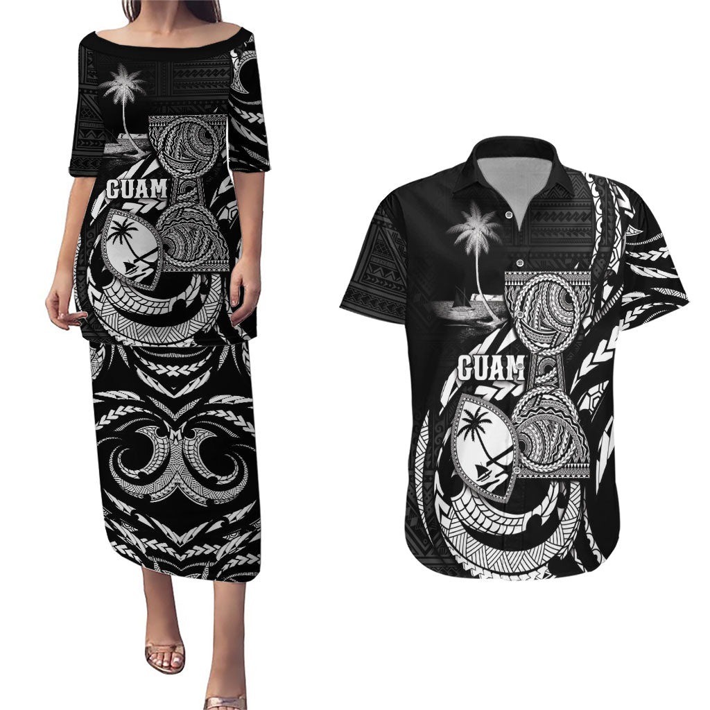 Personalised Guam Liberation Day Couples Matching Puletasi and Hawaiian Shirt Black White Latte Stone Tribal Patterns DT05 Black - Polynesian Pride