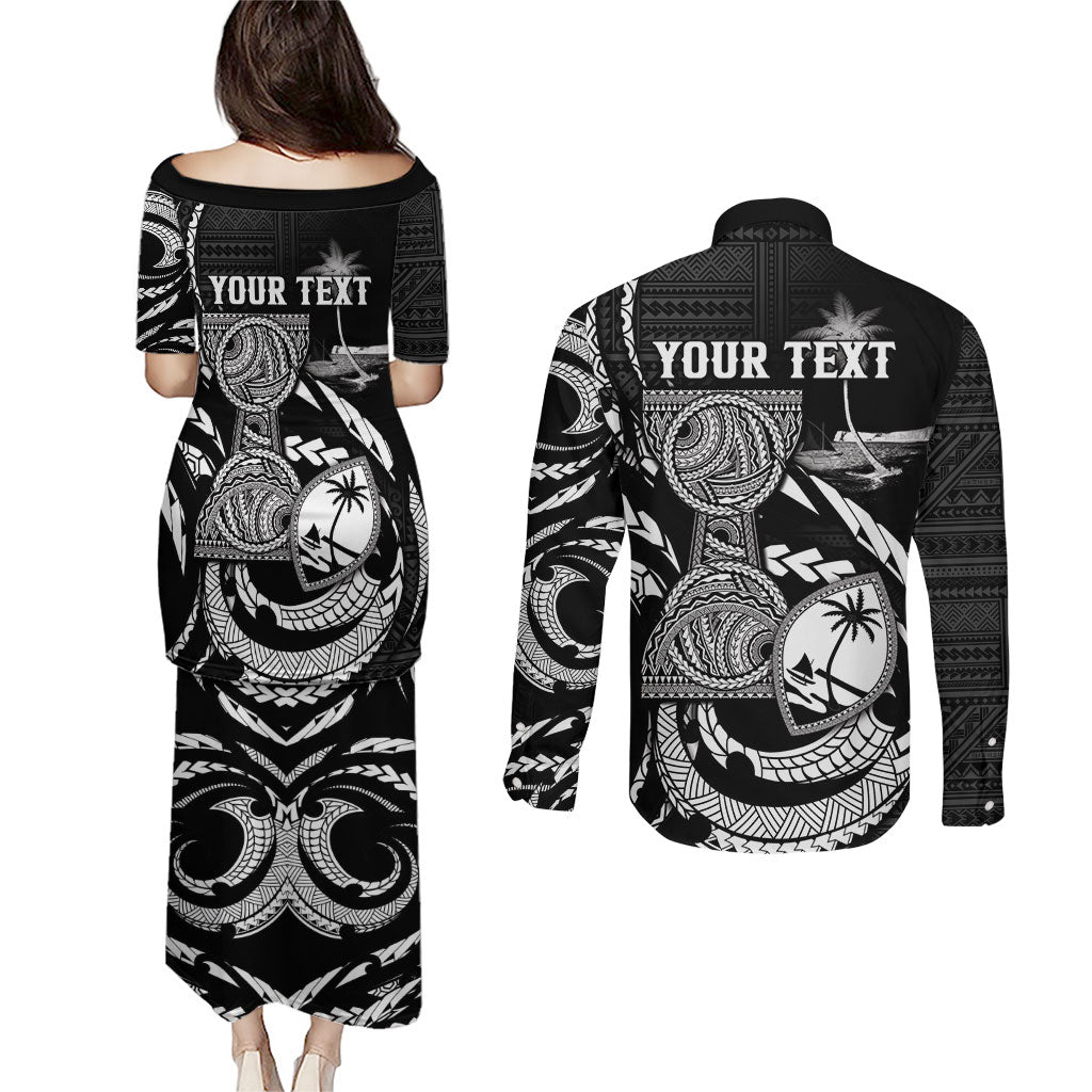 Personalised Guam Liberation Day Couples Matching Puletasi and Long Sleeve Button Shirt Black White Latte Stone Tribal Patterns DT05 - Polynesian Pride
