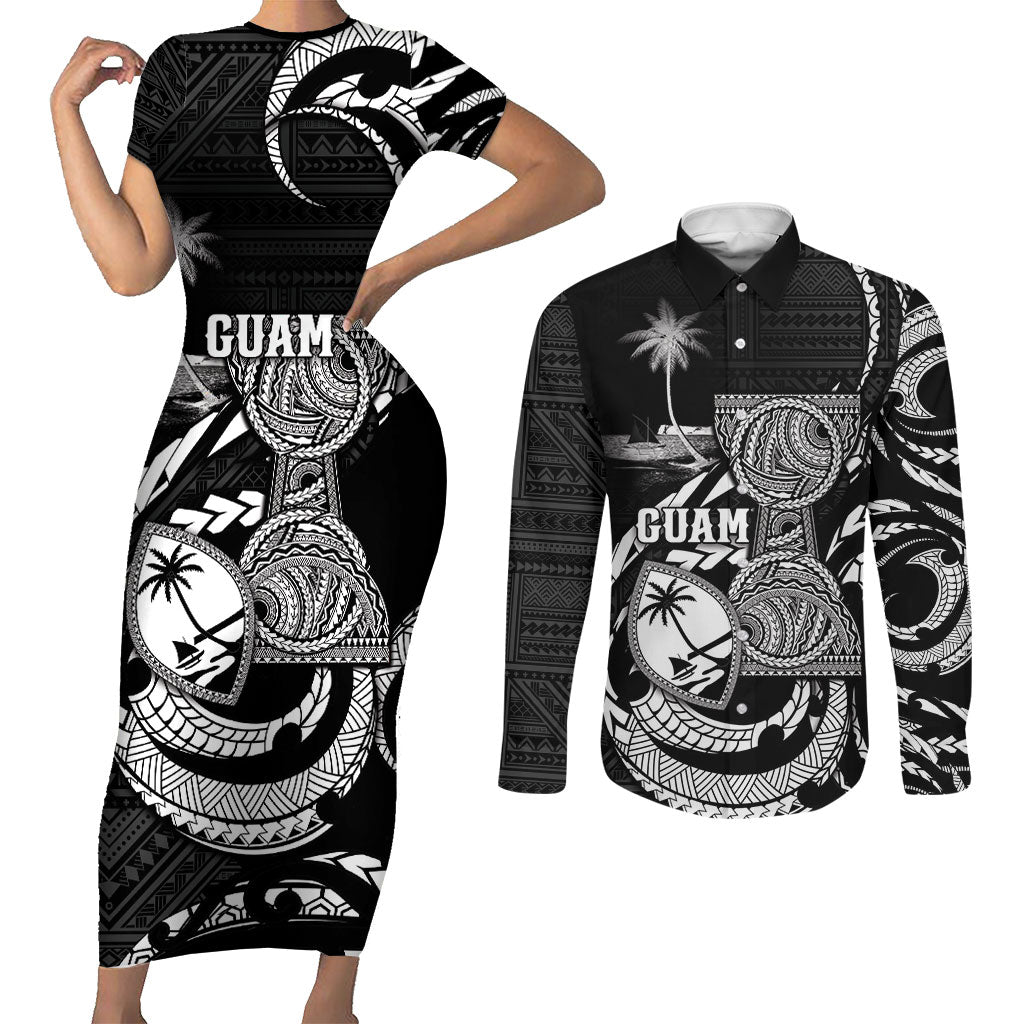 Personalised Guam Liberation Day Couples Matching Short Sleeve Bodycon Dress and Long Sleeve Button Shirt Black White Latte Stone Tribal Patterns DT05 Black - Polynesian Pride