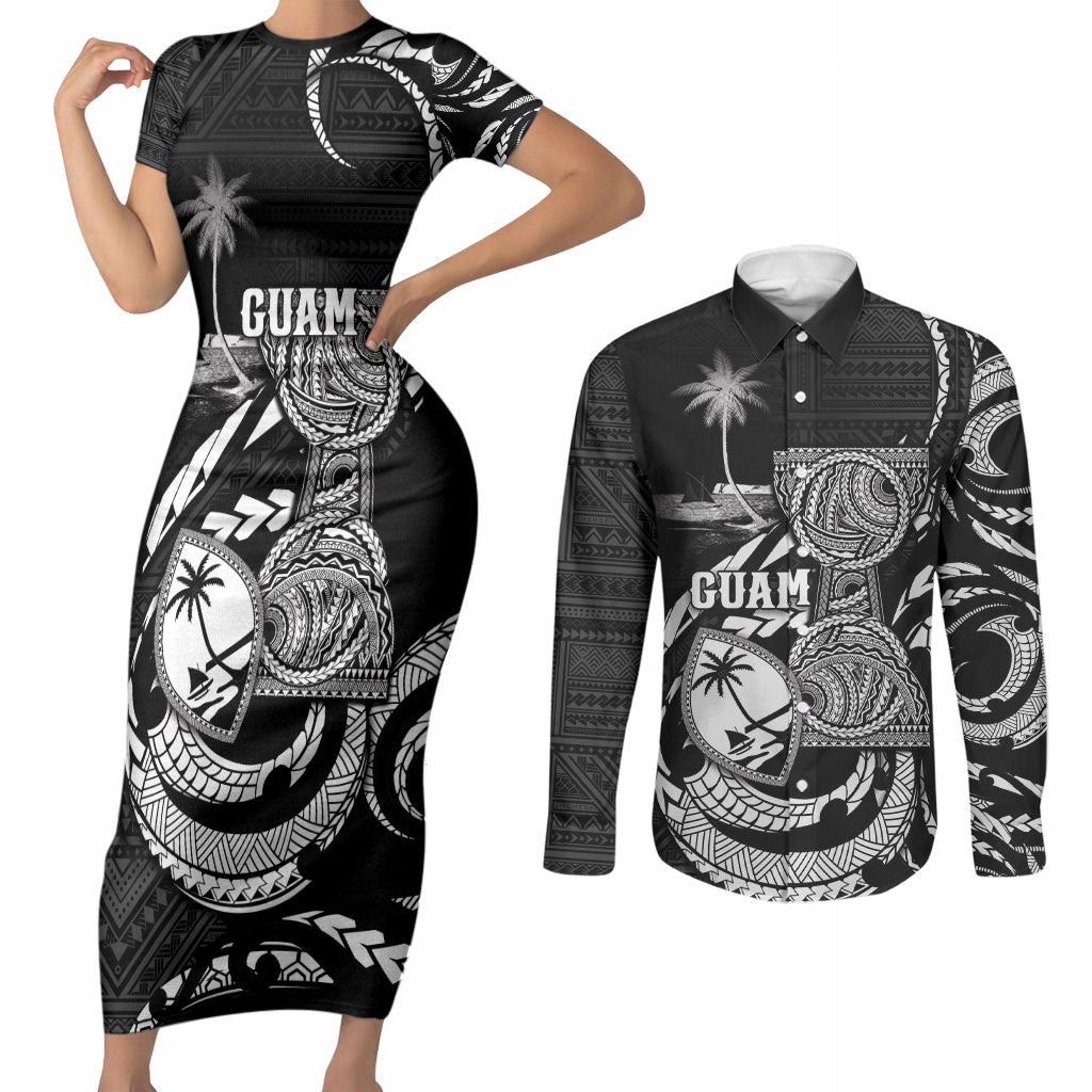 Personalised Guam Liberation Day Couples Matching Short Sleeve Bodycon Dress and Long Sleeve Button Shirt Black White Latte Stone Tribal Patterns DT05 Black - Polynesian Pride