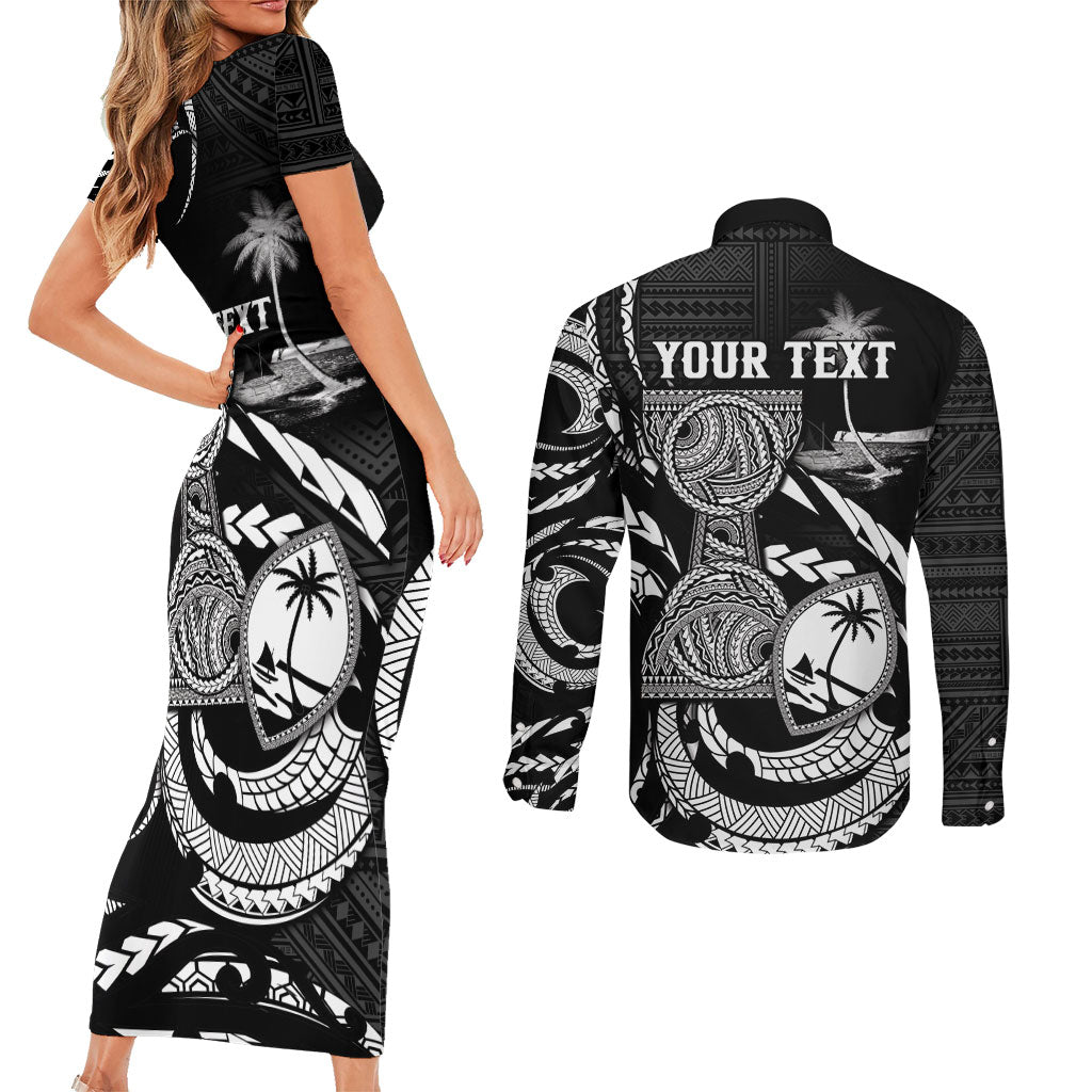 Personalised Guam Liberation Day Couples Matching Short Sleeve Bodycon Dress and Long Sleeve Button Shirt Black White Latte Stone Tribal Patterns DT05 - Polynesian Pride