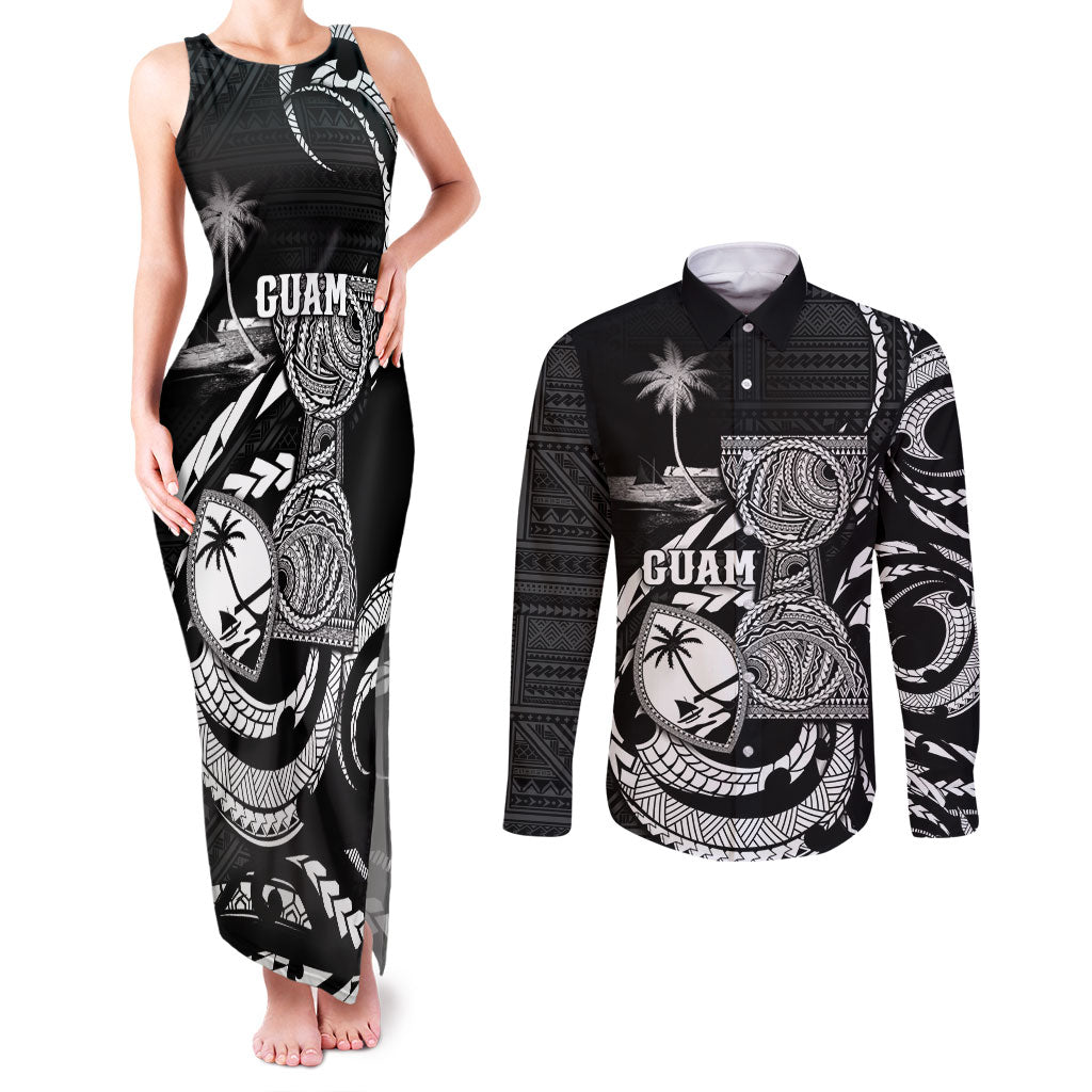Personalised Guam Liberation Day Couples Matching Tank Maxi Dress and Long Sleeve Button Shirt Black White Latte Stone Tribal Patterns DT05 Black - Polynesian Pride