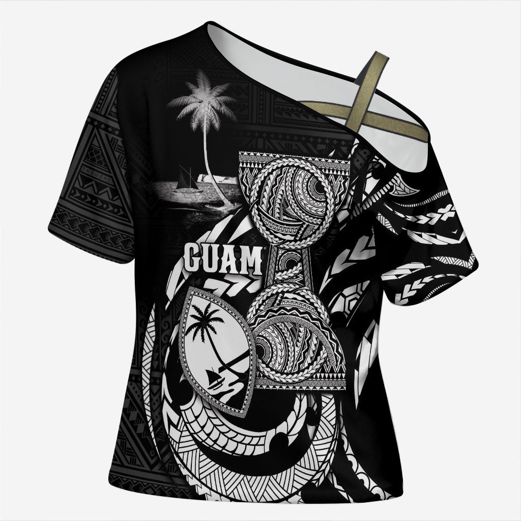 Personalised Guam Liberation Day Cross Shoulder Shirt Black White Latte Stone Tribal Patterns DT05 Female Black - Polynesian Pride