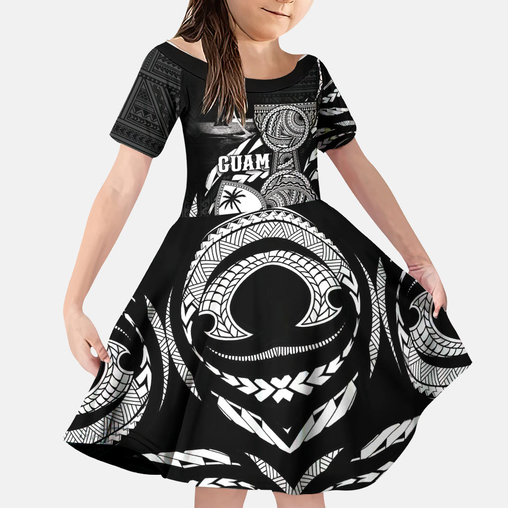 Personalised Guam Liberation Day Family Matching Off The Shoulder Long Sleeve Dress and Hawaiian Shirt Black White Latte Stone Tribal Patterns