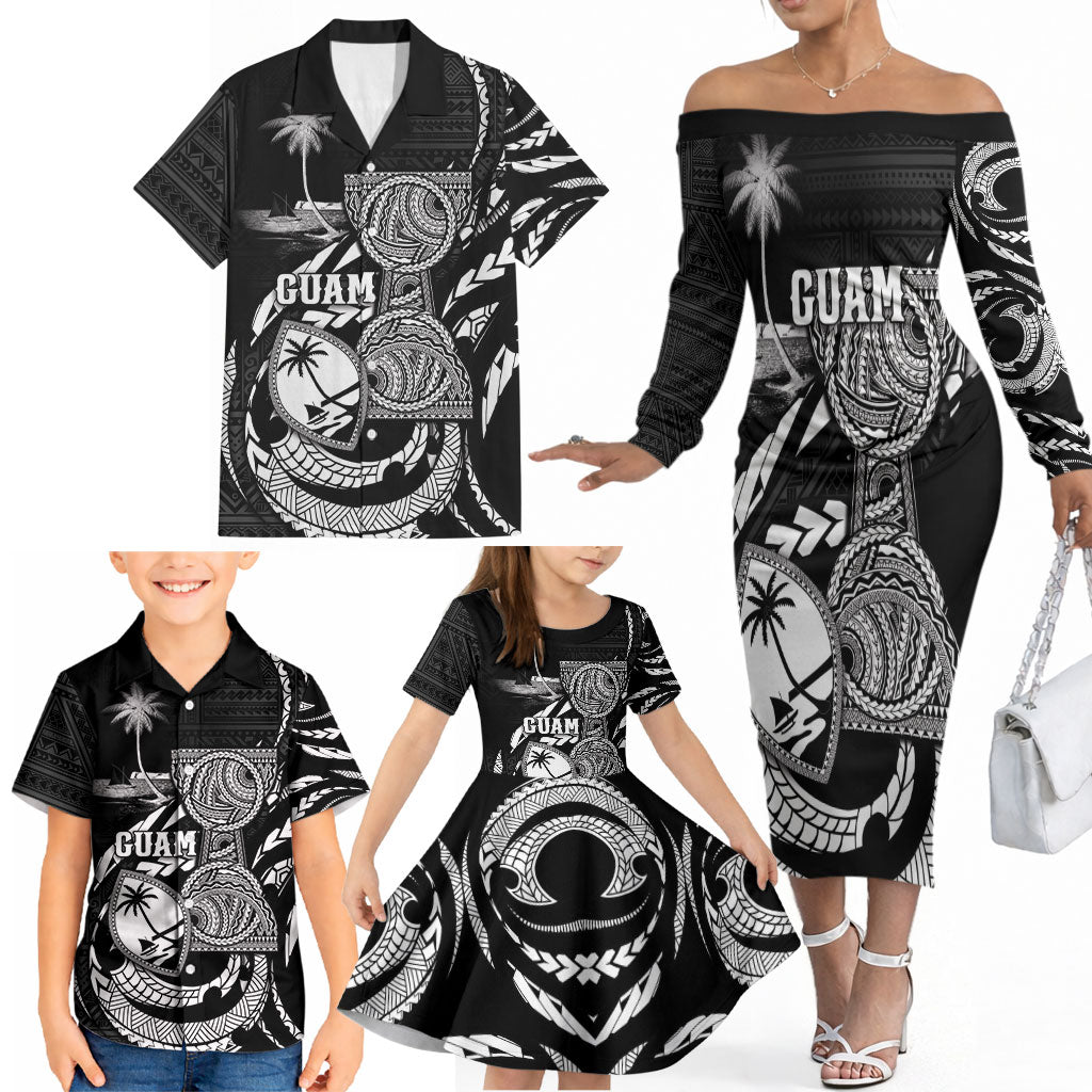 Personalised Guam Liberation Day Family Matching Off The Shoulder Long Sleeve Dress and Hawaiian Shirt Black White Latte Stone Tribal Patterns DT05 - Polynesian Pride