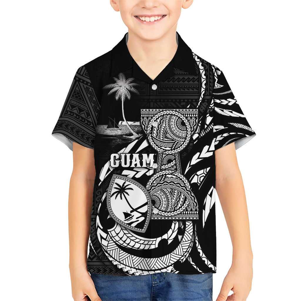 Personalised Guam Liberation Day Family Matching Off Shoulder Maxi Dress and Hawaiian Shirt Black White Latte Stone Tribal Patterns