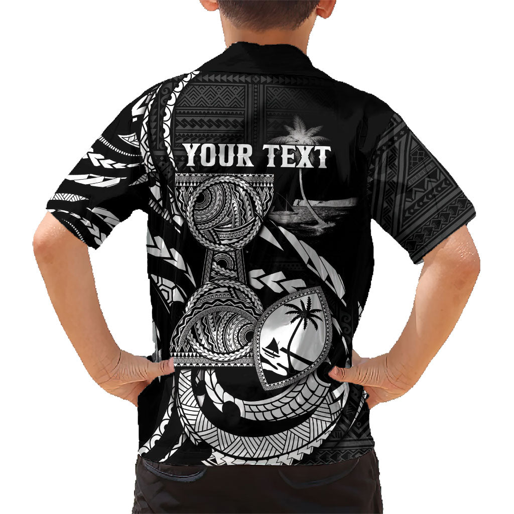 Personalised Guam Liberation Day Family Matching Off Shoulder Short Dress and Hawaiian Shirt Black White Latte Stone Tribal Patterns